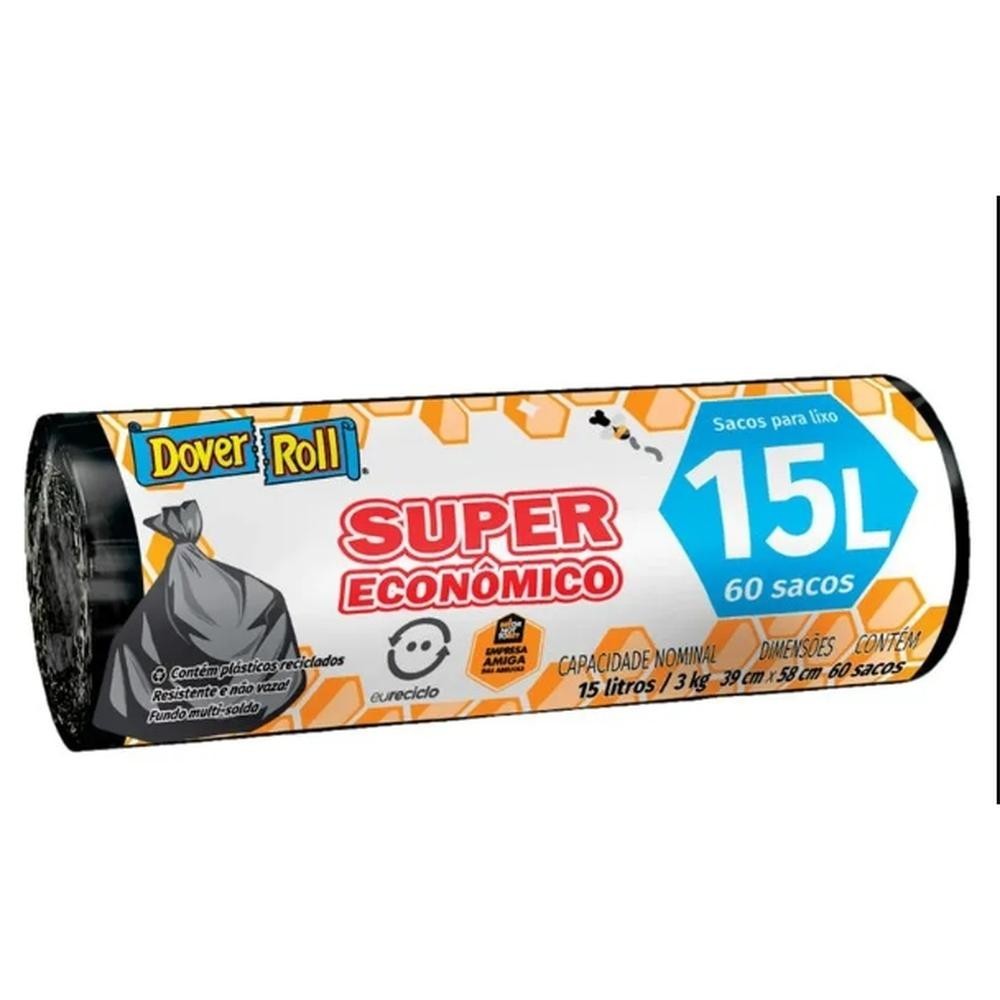 Saco P/ Lixo 15L Dover Roll Super Econômico Preto 60Un