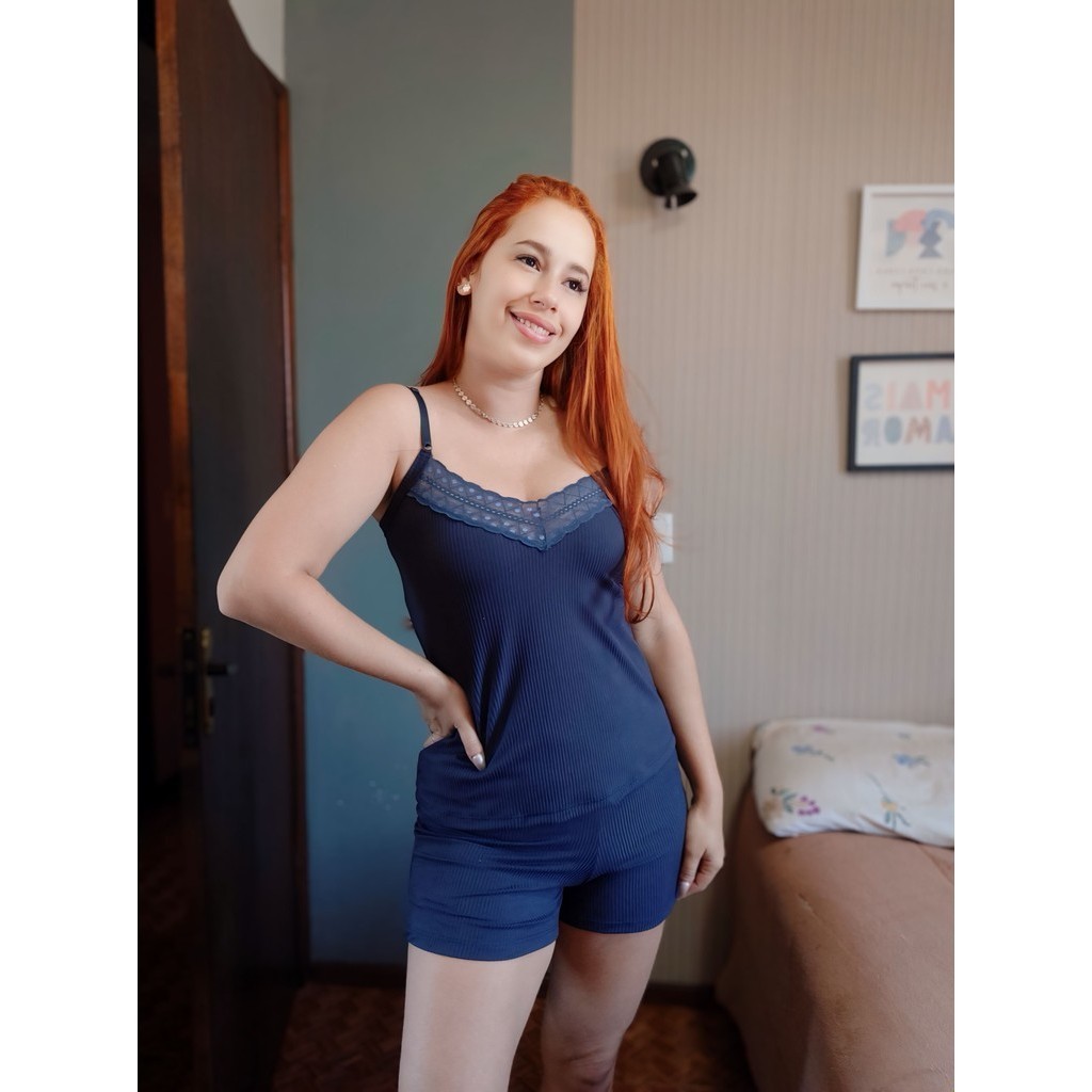 Pijama baby doll Suede Canelado Com Renda