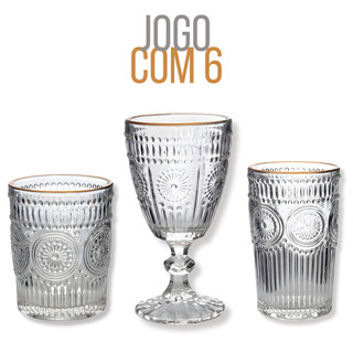 Jogo 6 Taças e Copos Vidro Listra Dourada Mondoro  400/300ml - Wincy / Cozinha, Drinks, Kit Conjunto