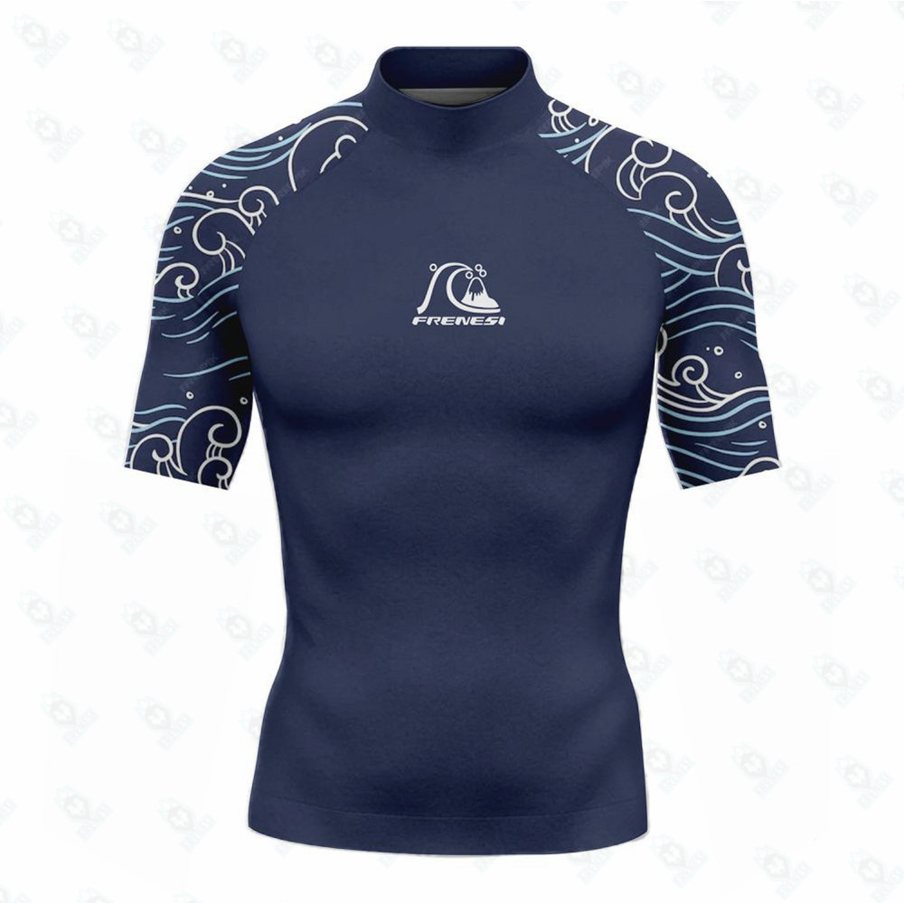2025 Novos Homens Rashguard Manga Curta Camisas De Surf Protetor Solar Lycra Tecido Topos Moletom Proteção UV Frenesi Ro