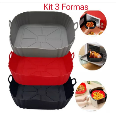 Imagem KIT 3 Formas de Silicone Quadrada Antiaderente Assadeira Air Fryer e Forno Forma para Fritadeira Elétrica com Alça