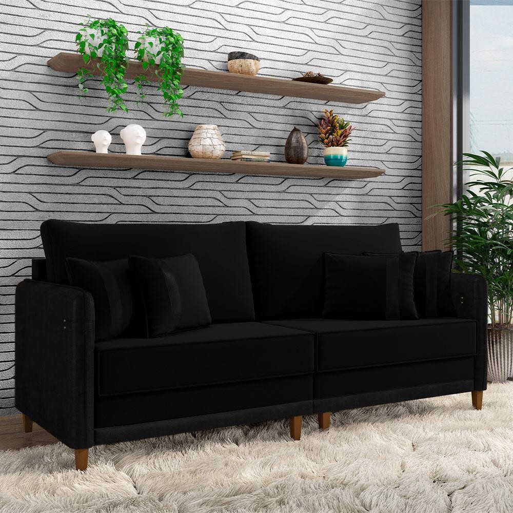 Imagem Sofá Living Montecarlo 3 Lugares Bipartido 252cm Pés em Madeira Veludo/PU Preto G33 - Gran Belo