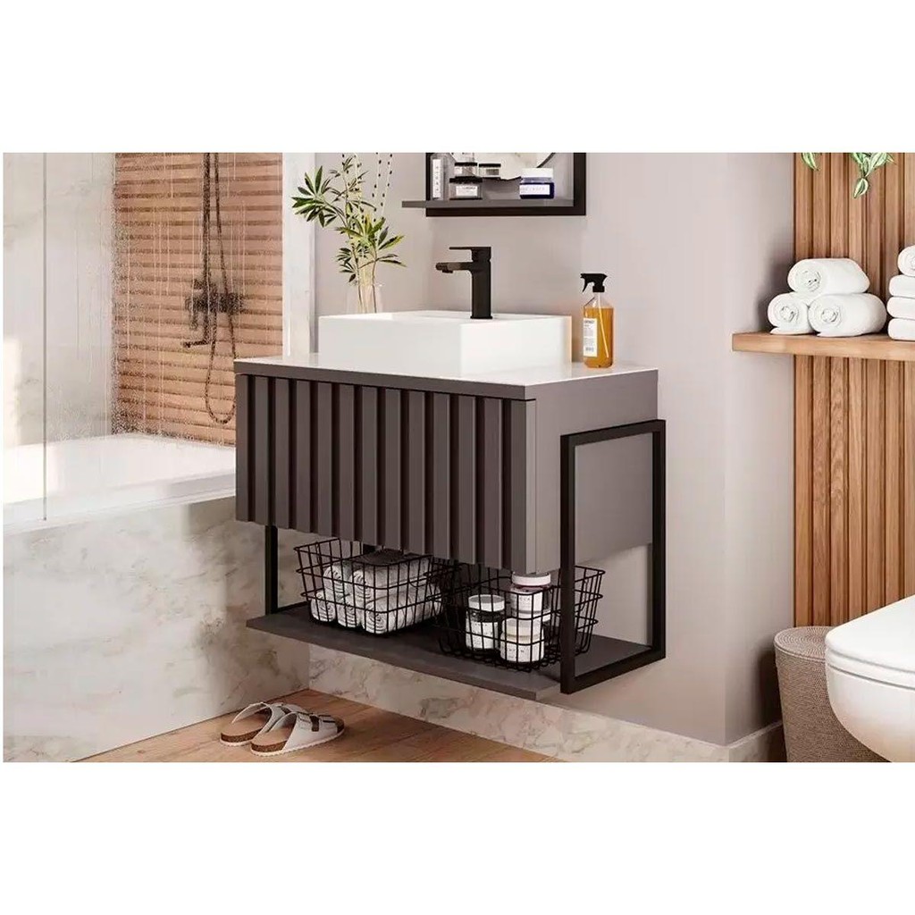 Conjunto de Banheiro Suspenso Frisê Havaí Ripado 1Pta Basculante c/Cuba e Tampo Vidro 80 cm cor Titanium - MGM em Oferta na Shopee