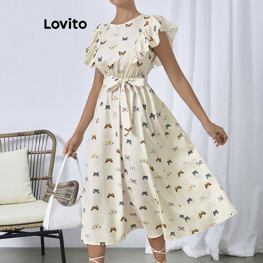 (Trendy) Lovito Vestido Boho Borboleta Babado Vestido Com Cinto Para Mulheres LBL16570 em Oferta na Shopee