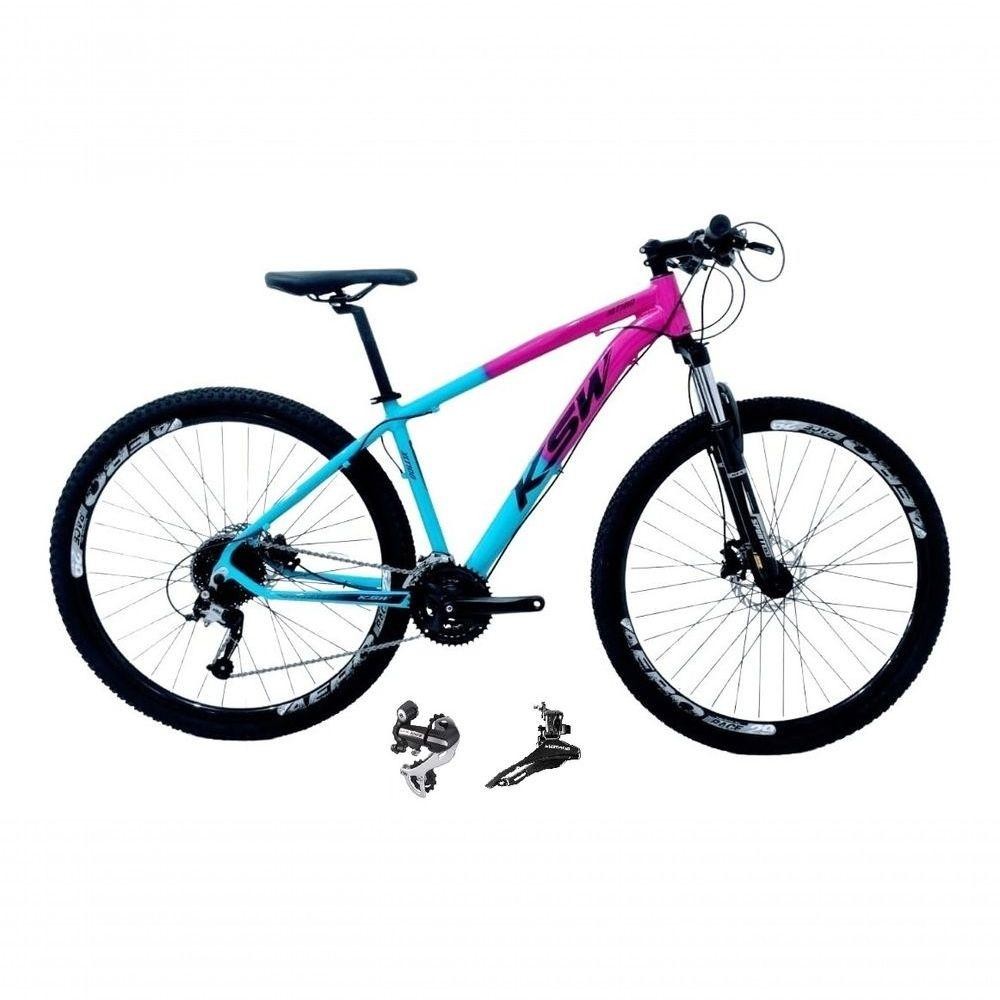 Bicicleta Aro 29 Ksw Xlt 24v Câmbio Shimano Acera K7 Garfo Trava Freio A Disco - Rosa/azul Tam.21