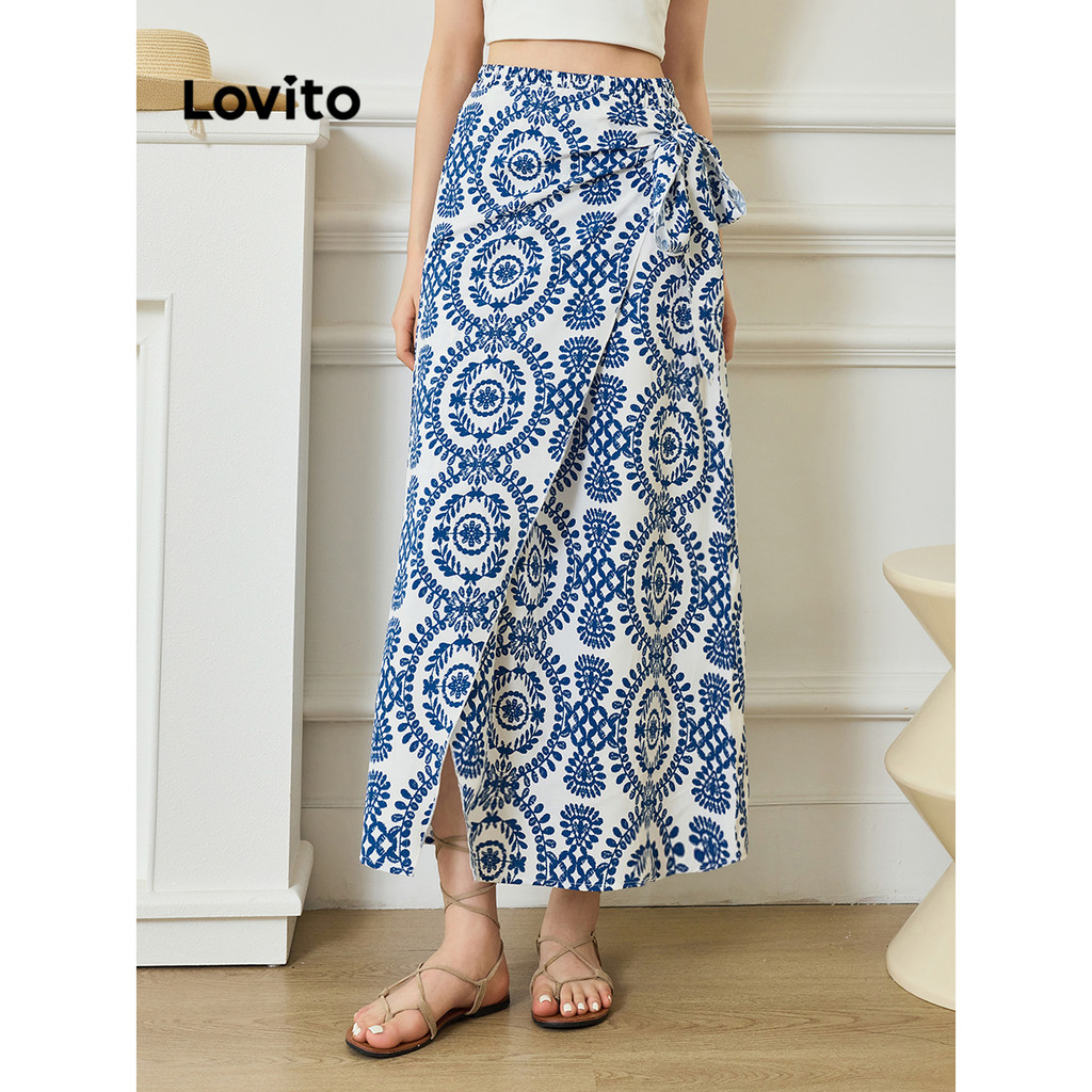 Lovito Boho Saias Tribal Print Lace Up Padrão Saia Para Mulheres L92MD958 - Women Clothes