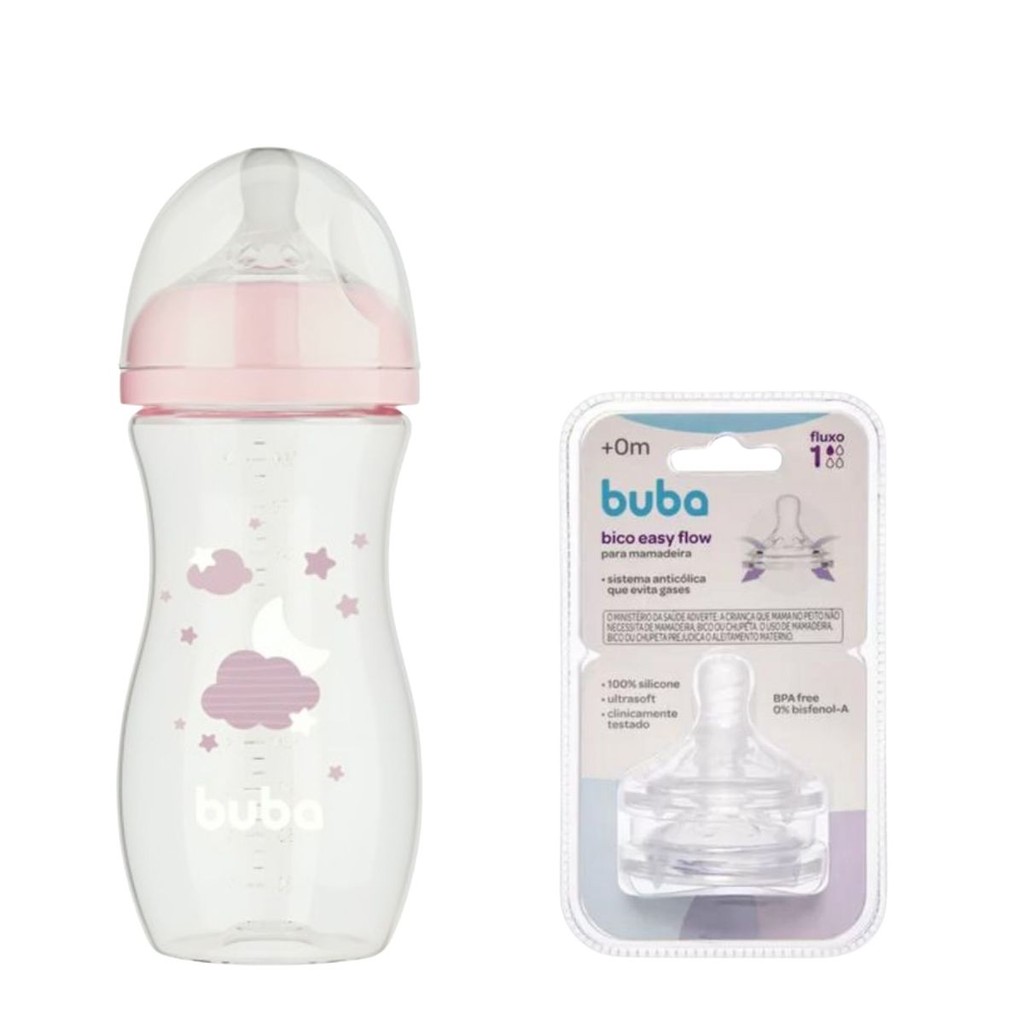 Mamadeira Easy Flow Rosa 330ml + 2 Bicos Fluxo 1 -  Buba em Oferta na Shopee