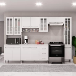 Cozinha Modulada Completa Fidelitá Viena 5 Peças 295cm 13 Portas 3 Gavetas Com Tampo Branco