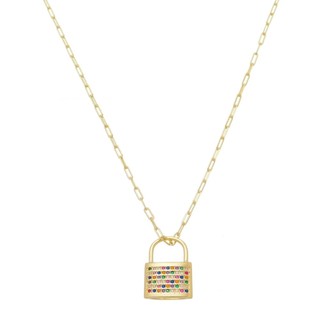 COLAR FEMININO LAYLA CADEADO ZIRCÔNIAS COLORIDAS FOLHEADO A OURO 18K PIUKA