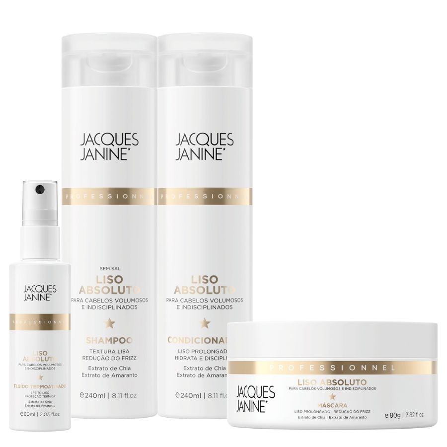 Kit Jacques Janine Liso Absoluto Shampoo Condicionador 240ml Máscara 80g Spray Finalizador 60ml - Beauty