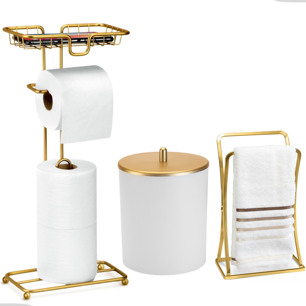 Kit Acessorios Lavabo Banheiro Toalha Rosto Porta Papeleira E Celular Luxo Dourado Arthi - Home & Living