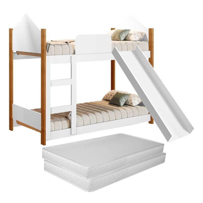 Beliche Infantil com Escorregador e 2 Colchões Incluso Grade Branco Seguro Divertido Quart...