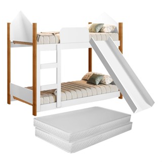 Beliche Infantil com Escorregador e 2 Colchões Incluso Grade Branco Seguro Divertido Quart...
