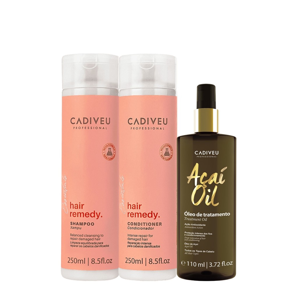 Kit Cadiveu Essentials Hair Remedy Shampoo Condicionador e Açaí Oil 110 (3 produtos) em Oferta na Shopee