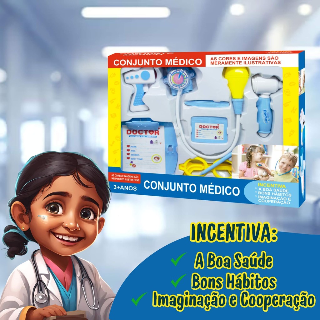 Detalhes do Brinquedo Infantil Kit Médico Faz de Conta C/ Luz e Som Fenix Brinquedos - XMK-644A