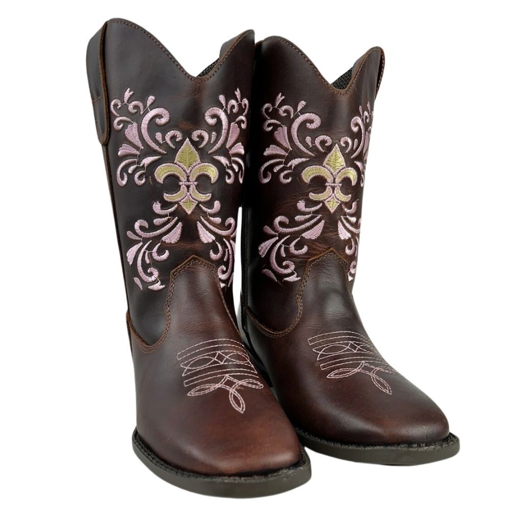 Bota Texana Infantil Big Bull Boots Bico Quadrado Couro Com Bordado No Cano Em Rosa