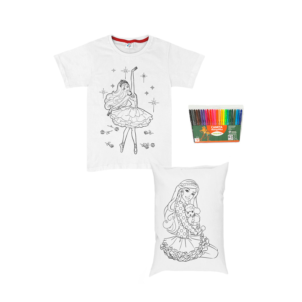 Kit com Camiseta, Almofada e Kit de Canetinhas 24 Cores | Barbie Bailarina | Pinte e Lave