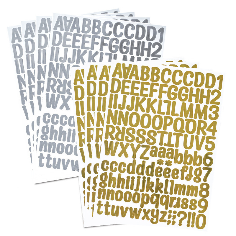 Letras E Números Gloden Prateados , Adesivos À Prova D'água , Decalques De Material Para Decoração De Diário De Scrapboo