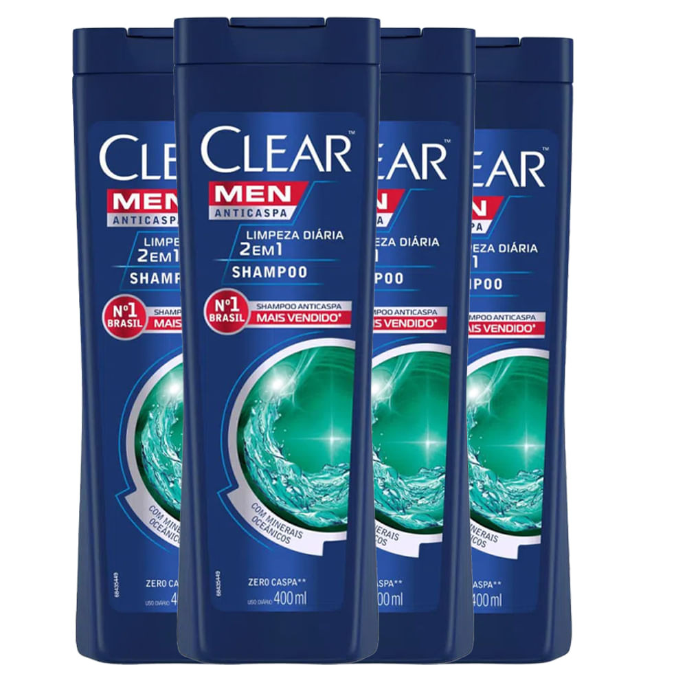 Kit Shampoo Clear Men Anticaspa Limpeza Diária 2 Em 1 400ml - 4 Unidades - Beauty