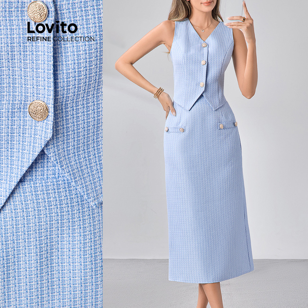 (Lovito Refine) Conjuntos Elegantes Saia E Top Verão/primavera Fenda Conjuntos Saia Top Azul Para Mulheres LR12L043 em Oferta na Shopee