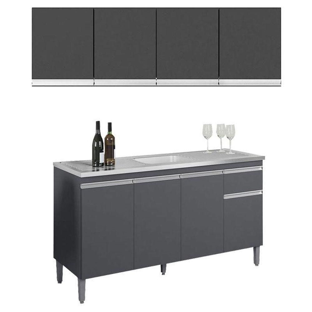 Balcão De Pia Tatiane 145 Cm E Armário Aéreo Andréia 4 Portas 160 Cm Cinza Fosco – Ajl