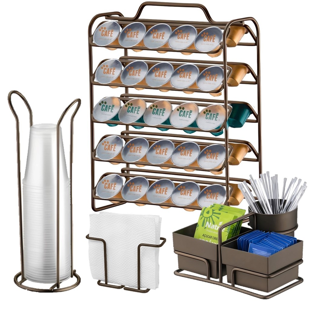 Kit 4 Peças Suporte 50 Cápsulas Nespresso Porta Copos Guardanapos Sachês Cor Café - Future