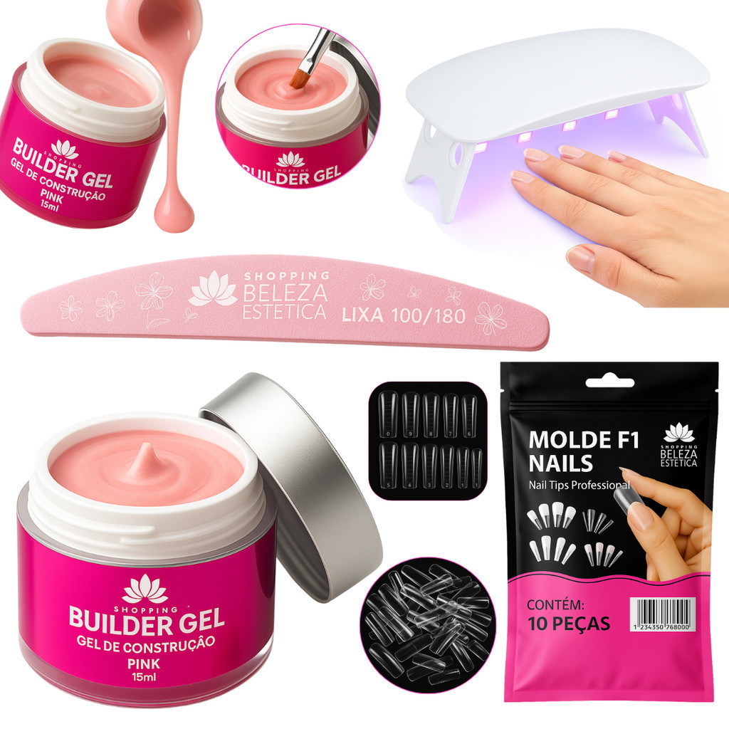 Kit Unhas de Gel Completo Construtor Unhas Profissional – Molde F1 + Lixa + Mini Cabine UV/LED – Nail Designer Completo em Oferta na Shopee