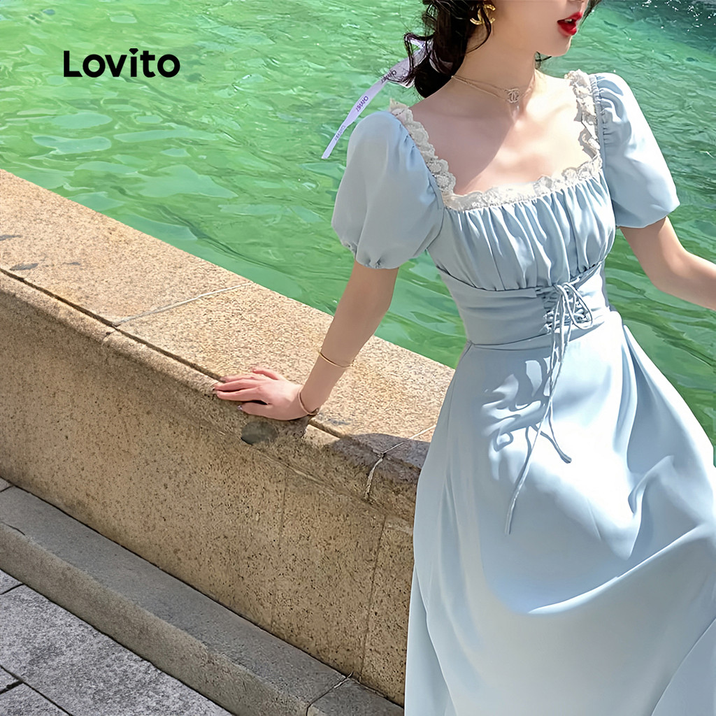 (Trendy) Lovito Vestido Casual liso com cadarço para mulheres L128ED120