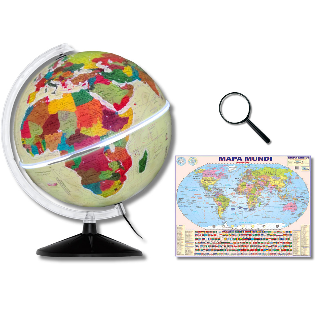 Globo Terrestre Físico Histórico Com Luz LED 30cm + Mapa Mundi + Lupa
