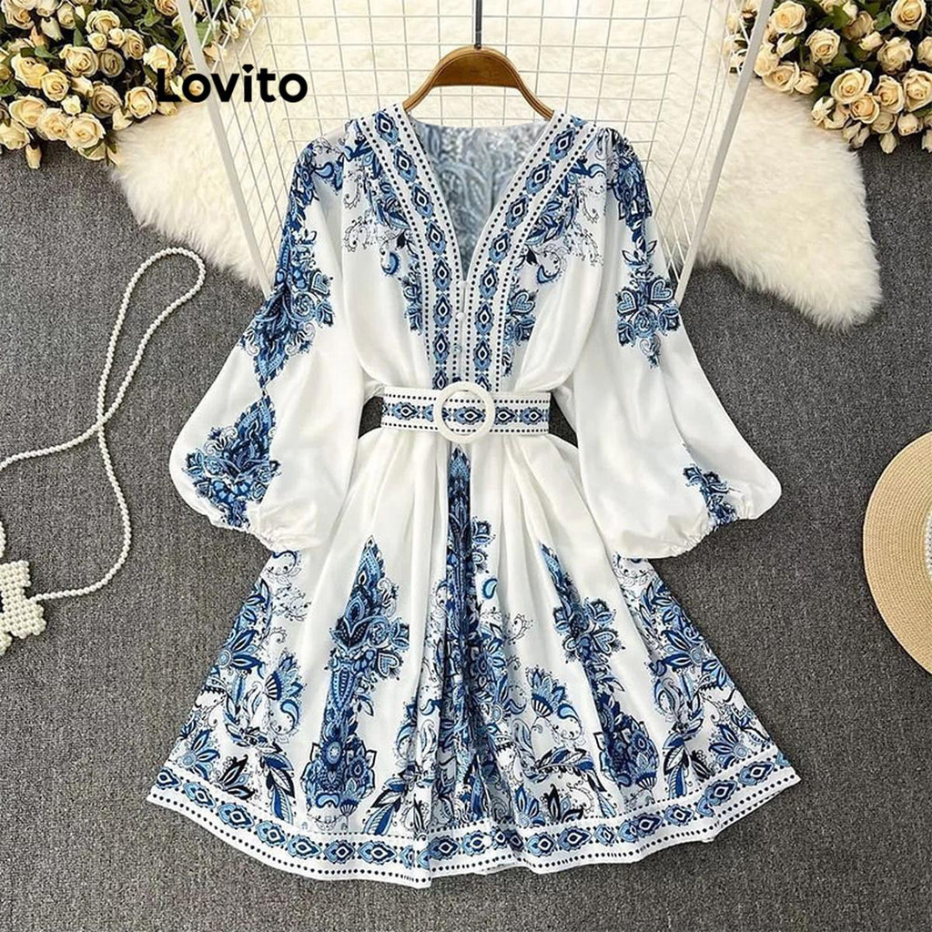 (Trendy) Lovito Vestido Boho Vestido Geométrico Com Estampa Tribal Para Mulheres LNL60113 em Oferta na Shopee