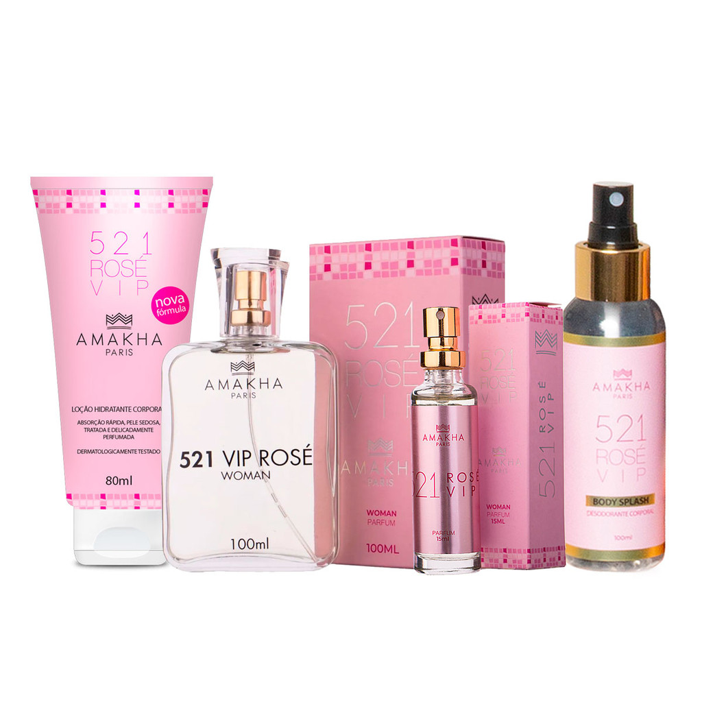Kit Feminino Completo 521 Vip Rosé: Perfumes 15ml + 100ml + Hidratante + Body Splash | Amakha Paris em Oferta na Shopee