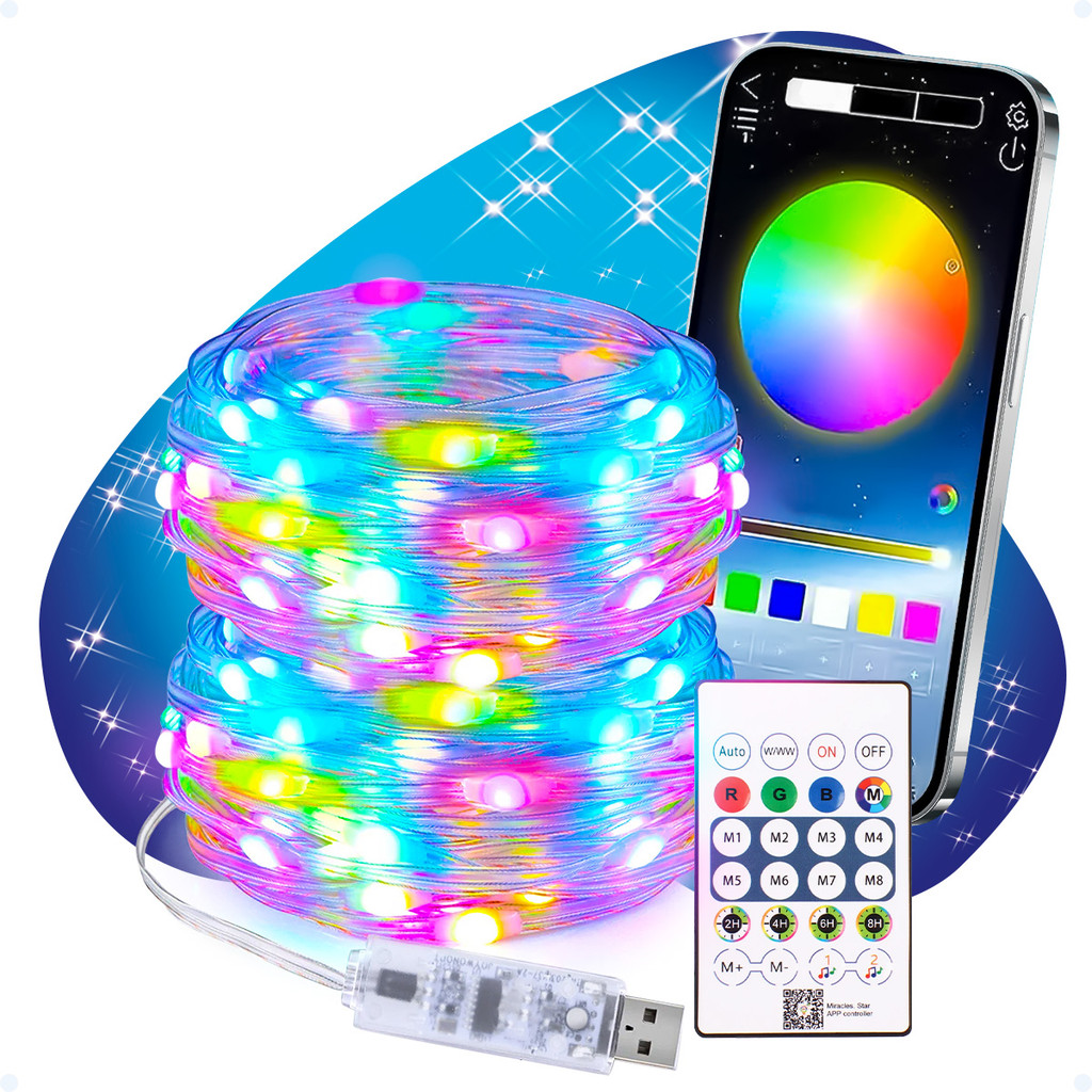 Led RGB Fita 30 Metros Com Fita Externo Programável Aplicativo Bluetooth C/ Controle Ponta USB