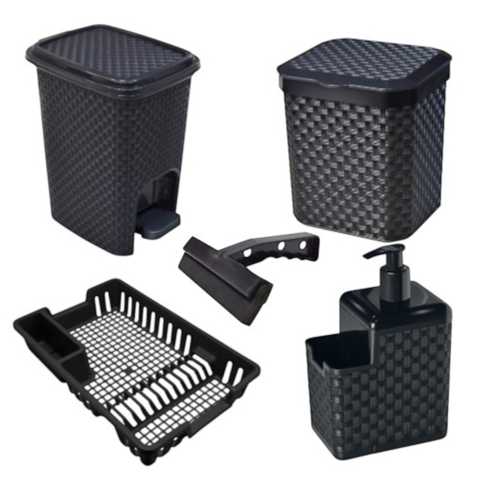 Conjunto Cozinha Lixeiras 7L e 5L Porta Detergente Rodo Escorredor Organize Já