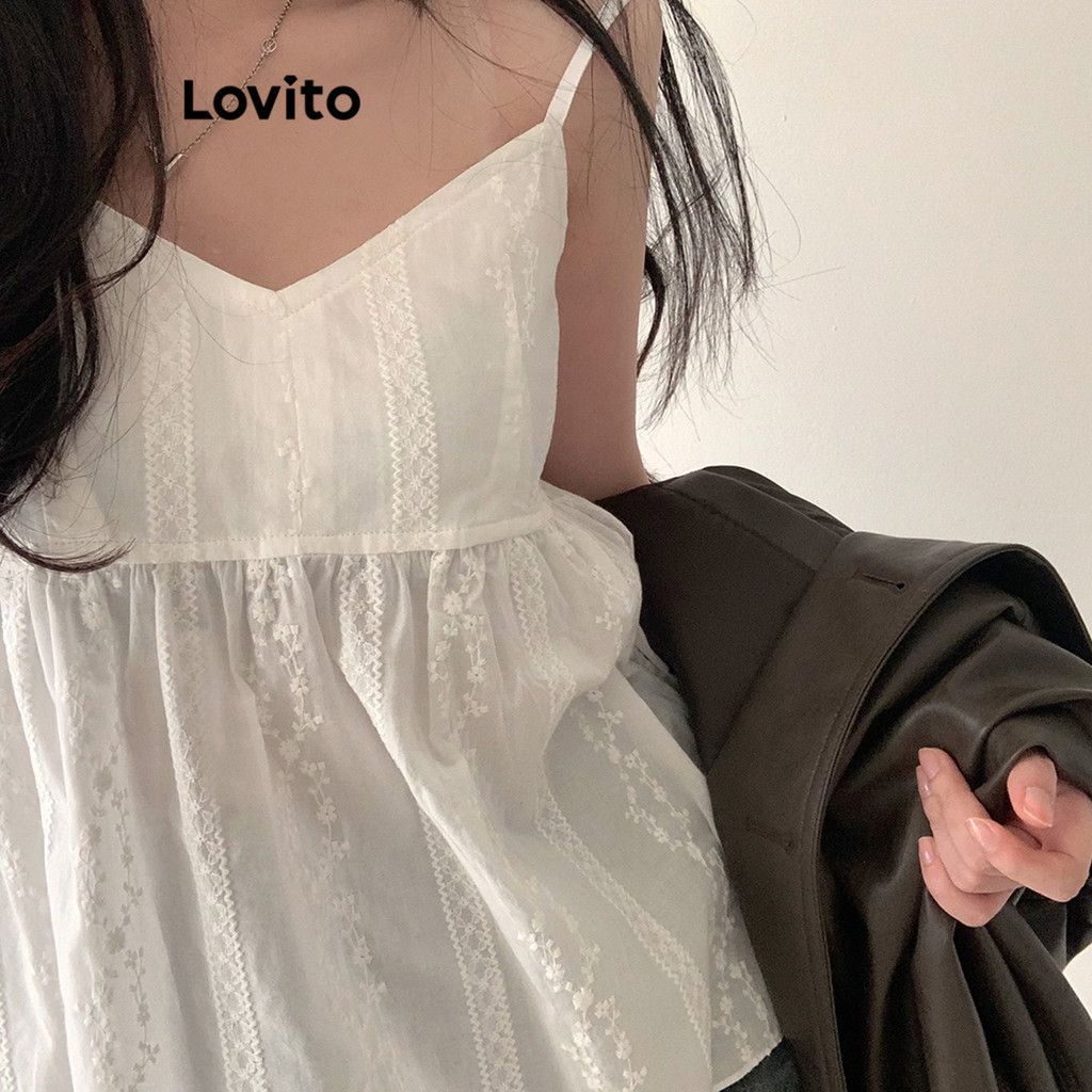 (Trendy) Lovito Regata Boho Com Bordado De Ilhó Liso Para Mulheres L89MD095 em Oferta na Shopee