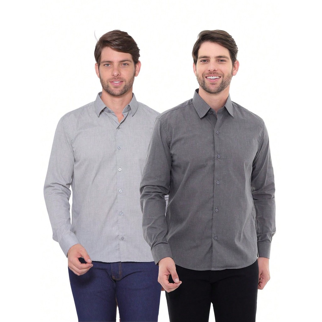 KIT Masculino 2 Peças -Camisa Social Masculina Premium Tipo Linho Smoke e Camisa Social Tipo Linho Chumbo