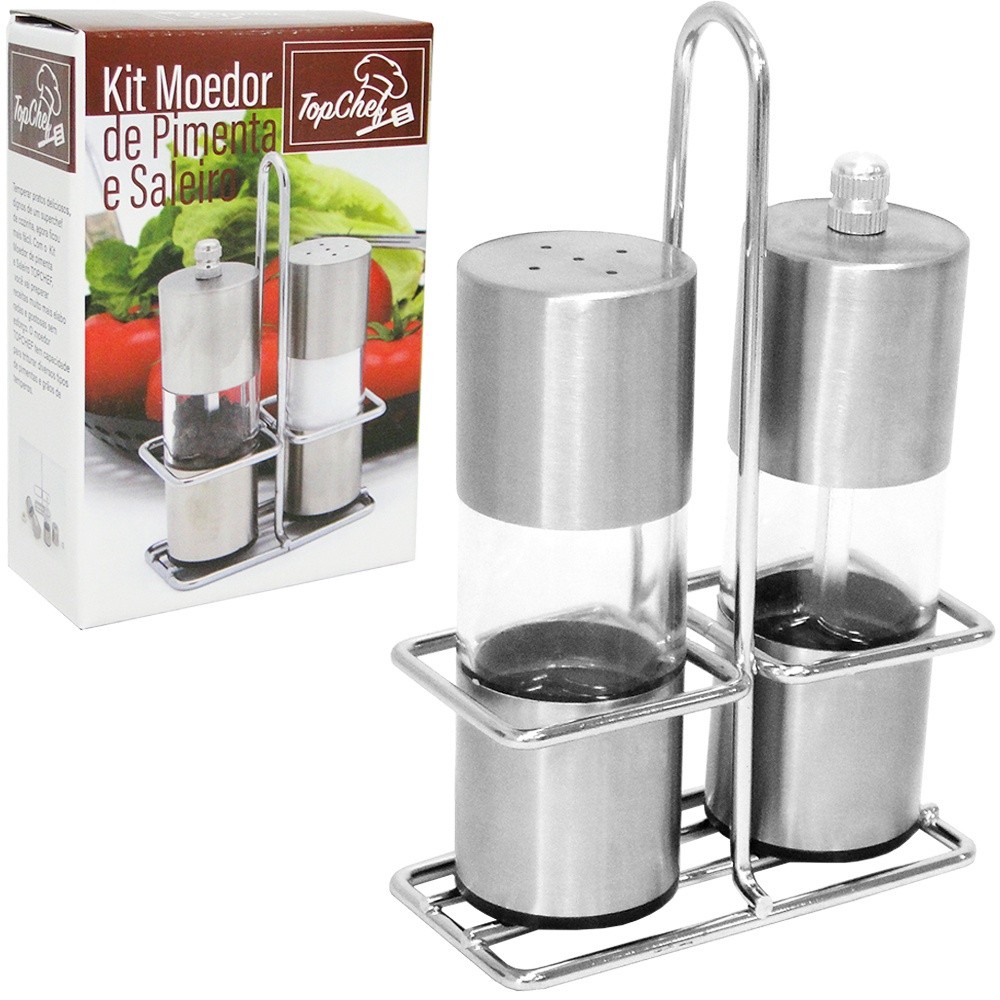 PORTA TEMPERO MOEDOR COM SALEIRO DE VIDRO INOX + SUPORTE ARAMADO CROMADO