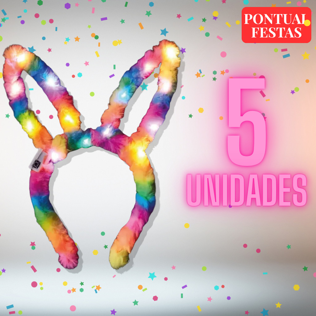 KIT 5 Tiara Coelho Colorida Arco-Iris com LED