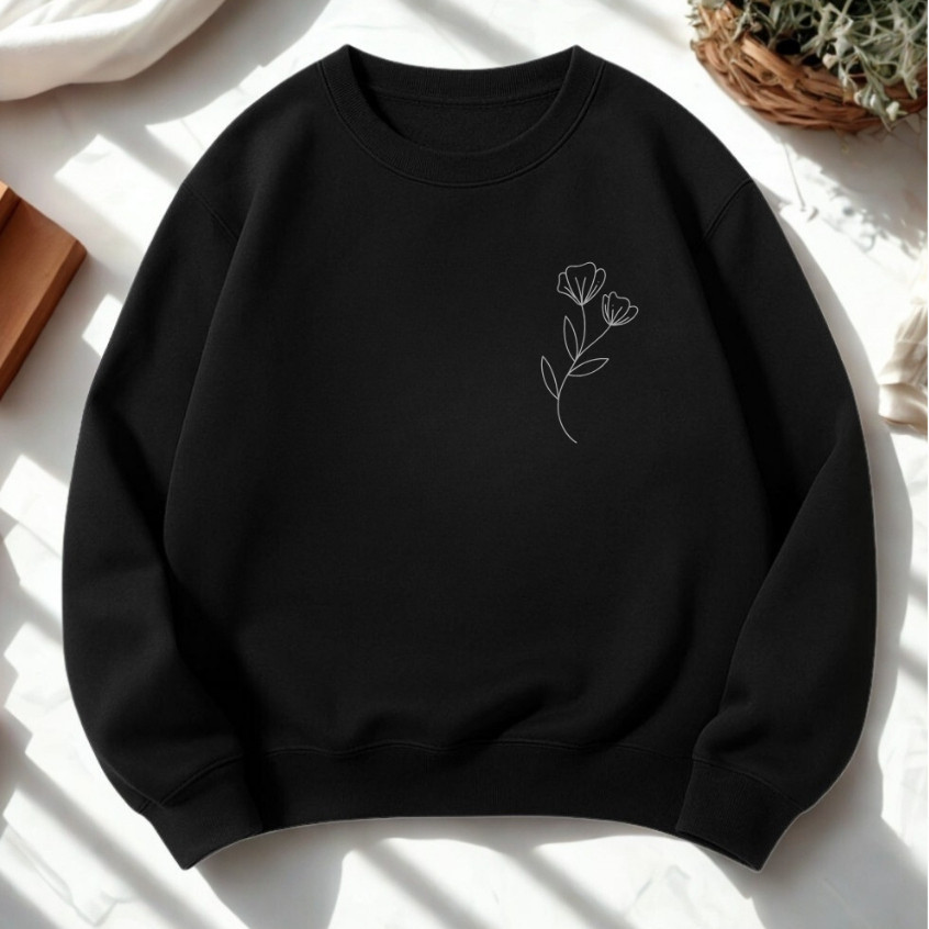 Blusa Moletom Gola Redonda Algodão Flor Minimalista Casual Flanelada Confortavel Frio Confortável