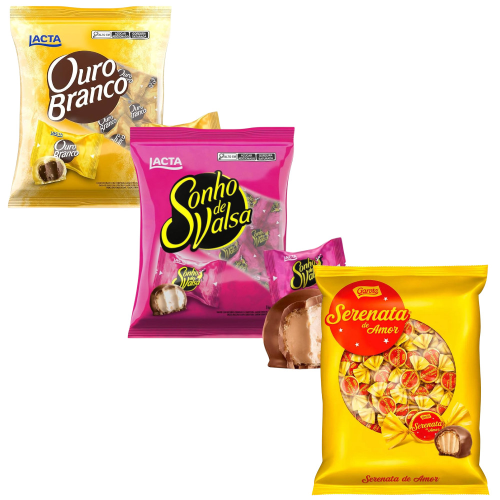 Kit Bombom: 1x Sonho de Valsa 1kg + 1x Ouro Branco 1kg + 1x Serenata do Amor 825gr