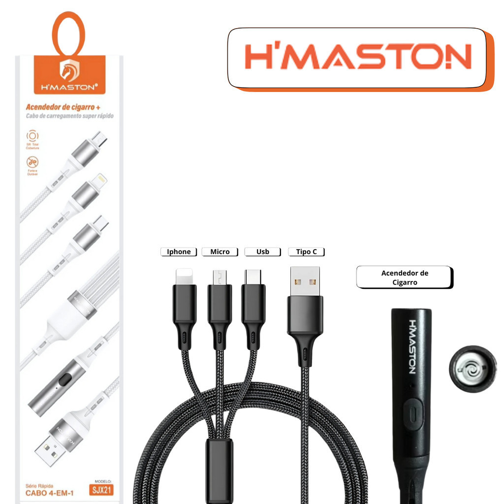 cabo 4 em 1 acendedor de cigarro carregador tipo c micro usb e iphone  nylon carregamento rápido
