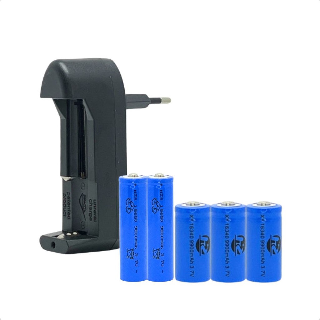 Kit 1 Super Carregador Com 2 Bateria 18650 E 3 Bateria 16340 Baterias De Alta Durabilidade