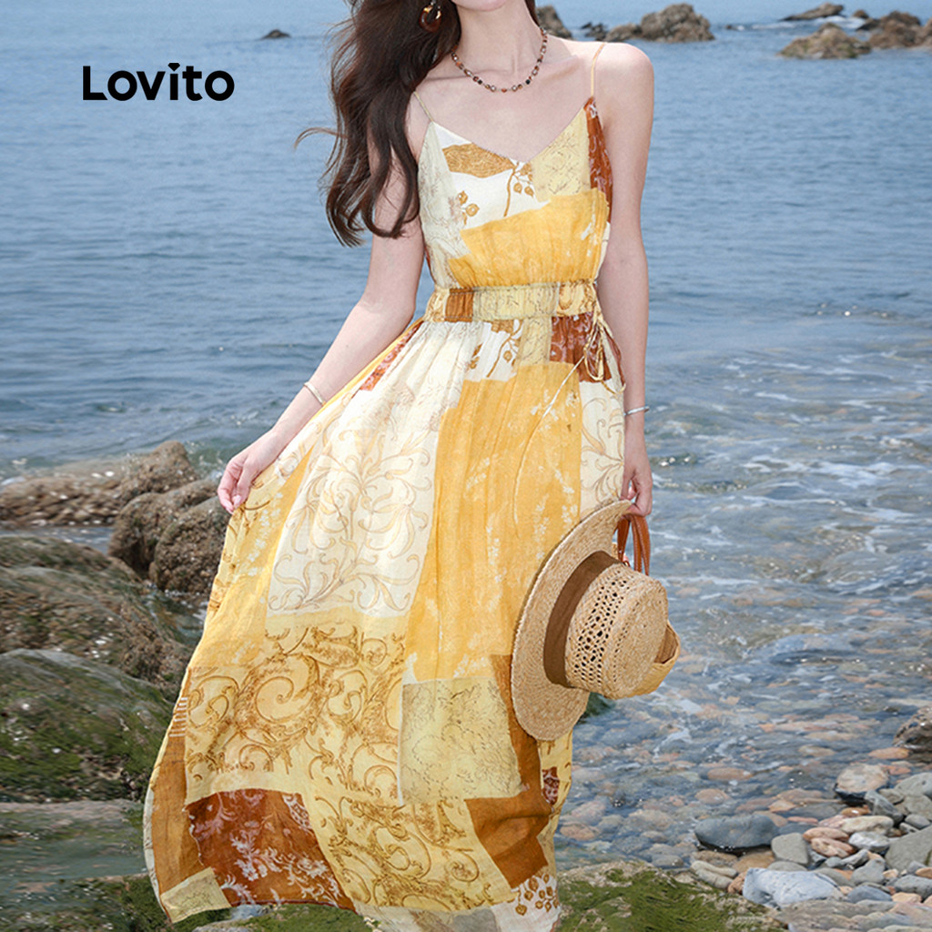 Detalhes do Lovito Vestido Casual Feminino de Renda com Amarração, Estilo Nacional, Primavera Verão, L143ED189