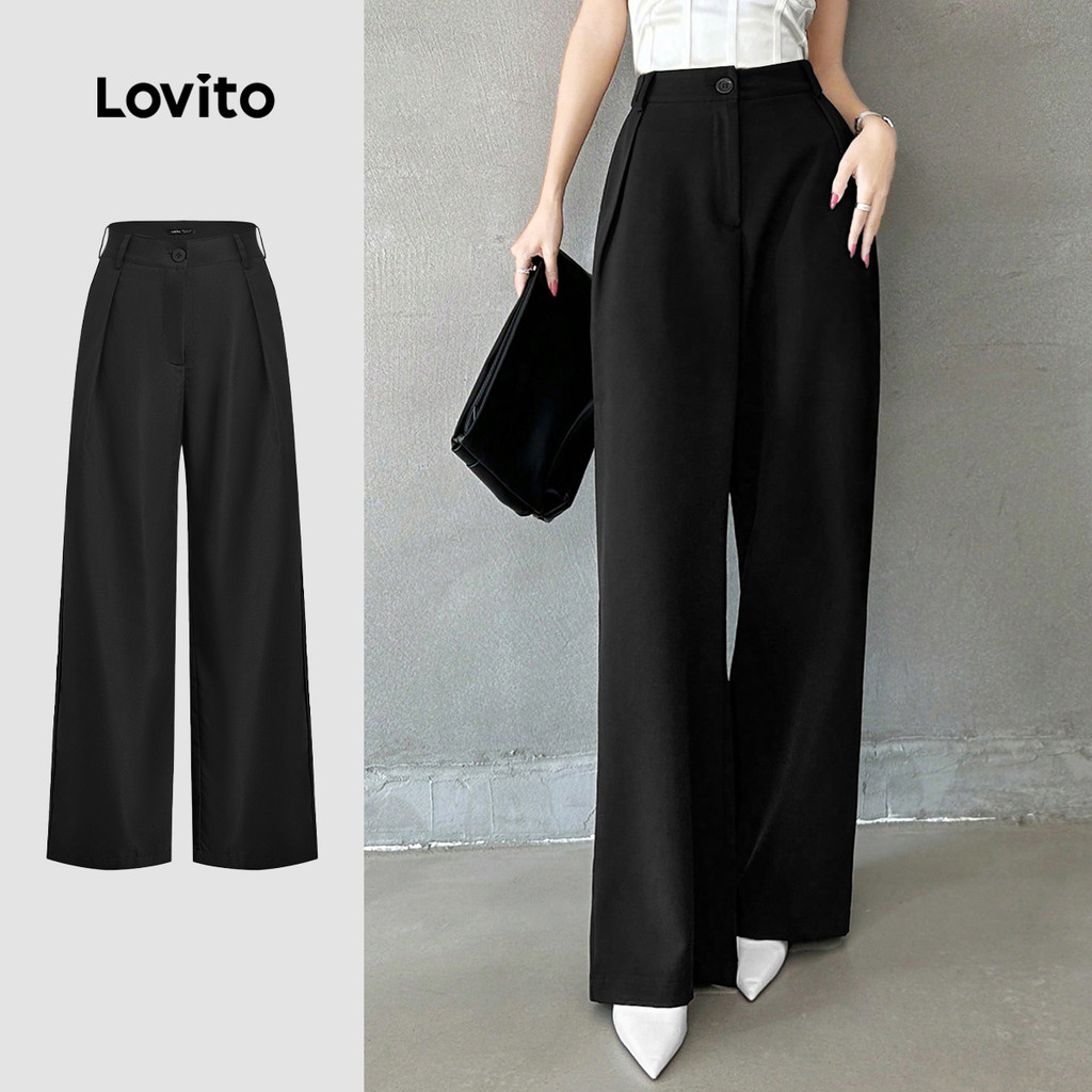 (New) Lovito Calças Casuais de Pregas Primavera/verão Pretas para Mulheres L143ED214 em Oferta na Shopee
