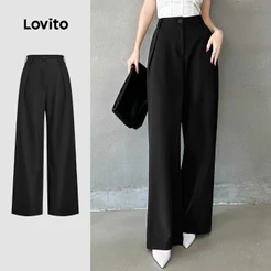 (New) Lovito Calças Casuais de Pregas Primavera/verão Pretas para Mulheres L143ED214