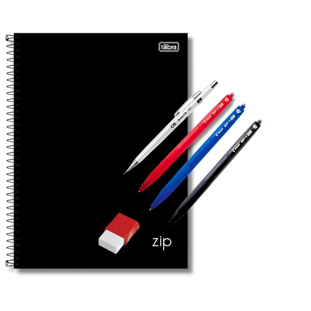 KIT 6 ÍTENS CADERNO 160FLS ZIP PRETO TILIBRA 3 CANETAS BP LAPISEIRA 0.7 CIS BORRACHA BRANCA C/ CAPA