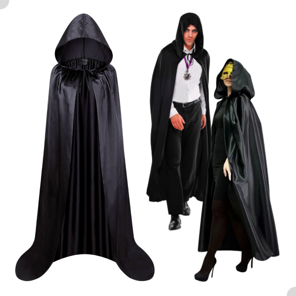 Capa Preta De Cetim 160CM Bruxa Feiticeira Vampiro Drácula Pânico Halloween Com Capuz Adulto Feminina Masculina Unissex