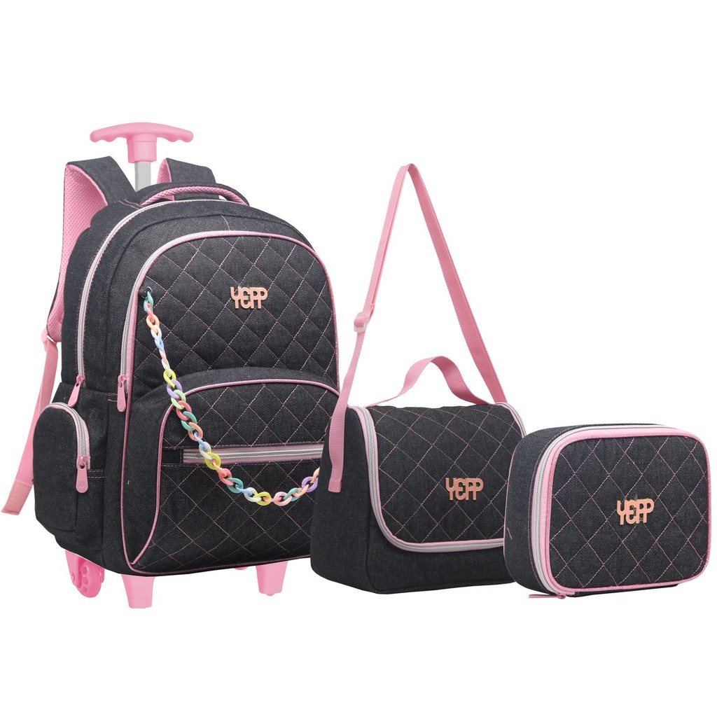 Kit Mochila Escolar Trolley Rodinha Juvenil G Preta Rosa em Oferta na Shopee