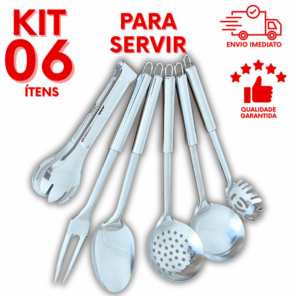 Conjunto Servir 6 Peças Inox Colher Concha Escumadeira Pegador Massa Garfo Trinchante Pegador Salada Ceia Natal