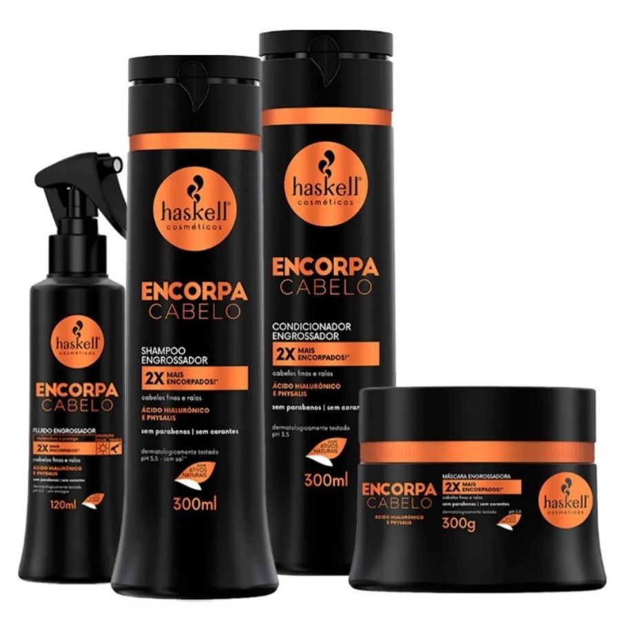Kit Encorpa Cabelo Haskell - Shampoo + Condicionador + Máscara + Fluido - Fios Encorpados, Volumosos e Resistentes