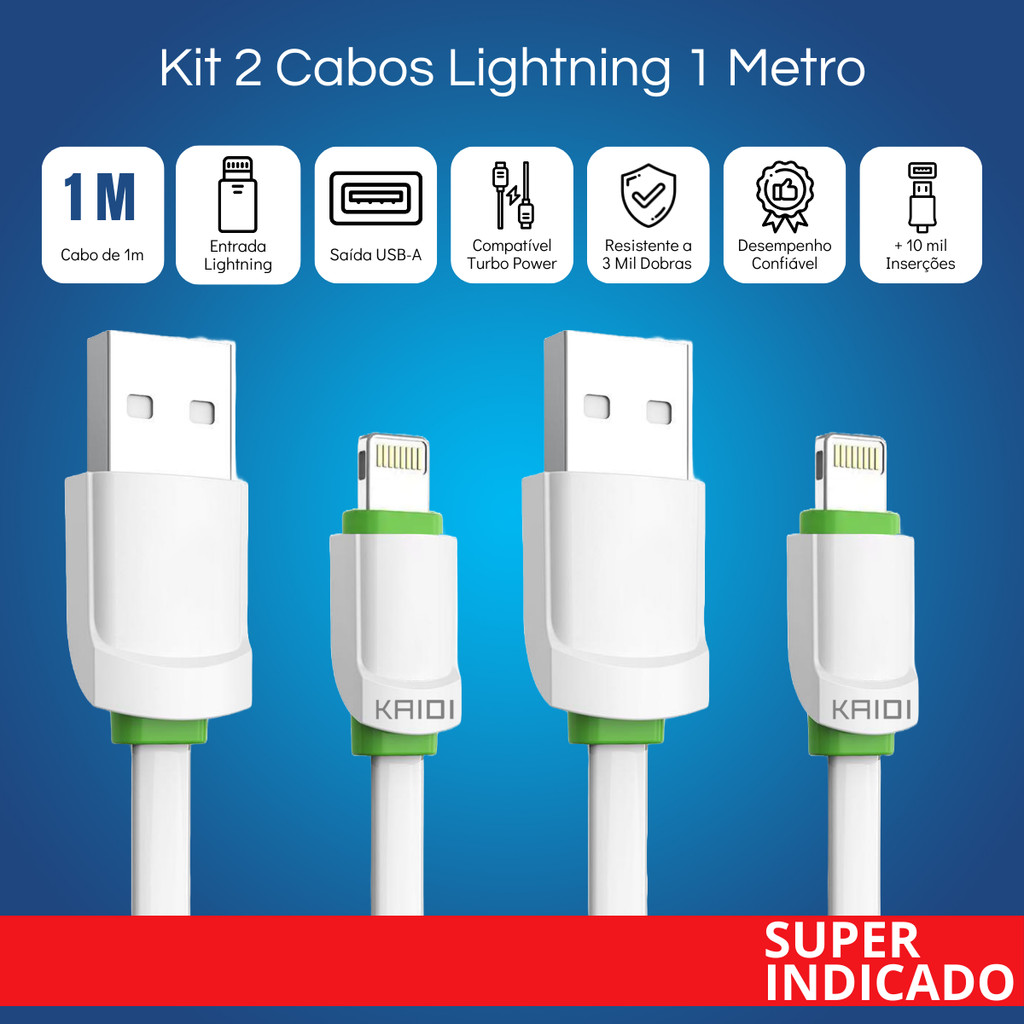 Kit 2 Cabos Lightning Kaidi Originais Carregamento Rápido Turbo Power iPhone 1m Branco Kd-306